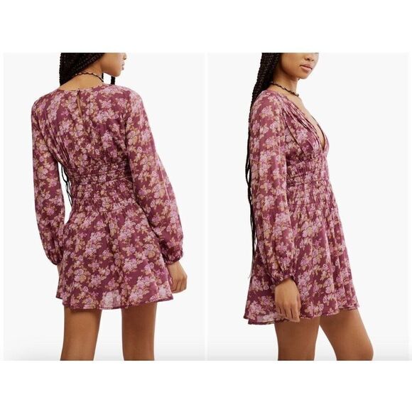 Free People Keep You Floral Print V-Neck Long Sleeve Mini Dress, Size Medium - Picture 2 of 6